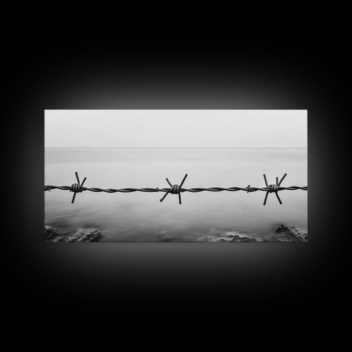 Barbed Wire, rustic decor, farmhouse art, minimalist black and white, modern wabi sabi wall art, textured art, panoramic art, Canvas Print
