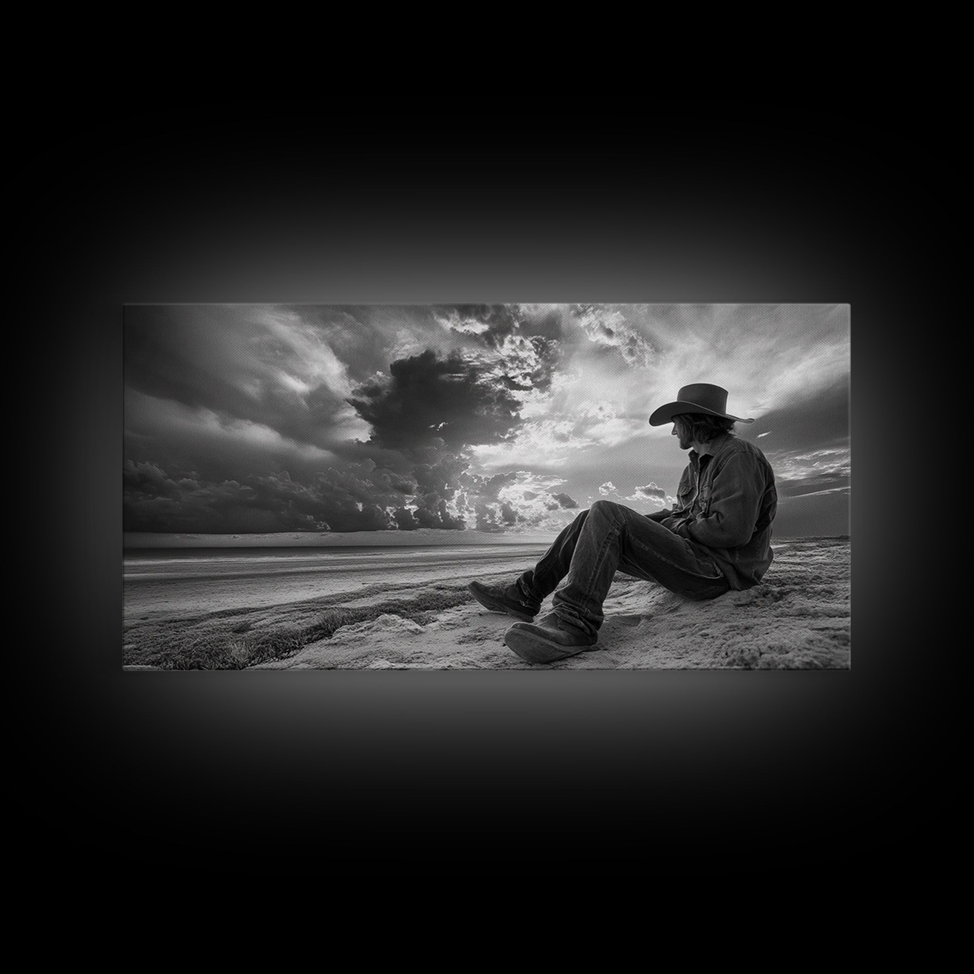 Cowboy on Beach, Moody Art, Western Wall Art, Dramatic Sky Print, Rustic Decor, Coastal Cowgirl Aesthetic, Framed Canvas Print, Scenic View