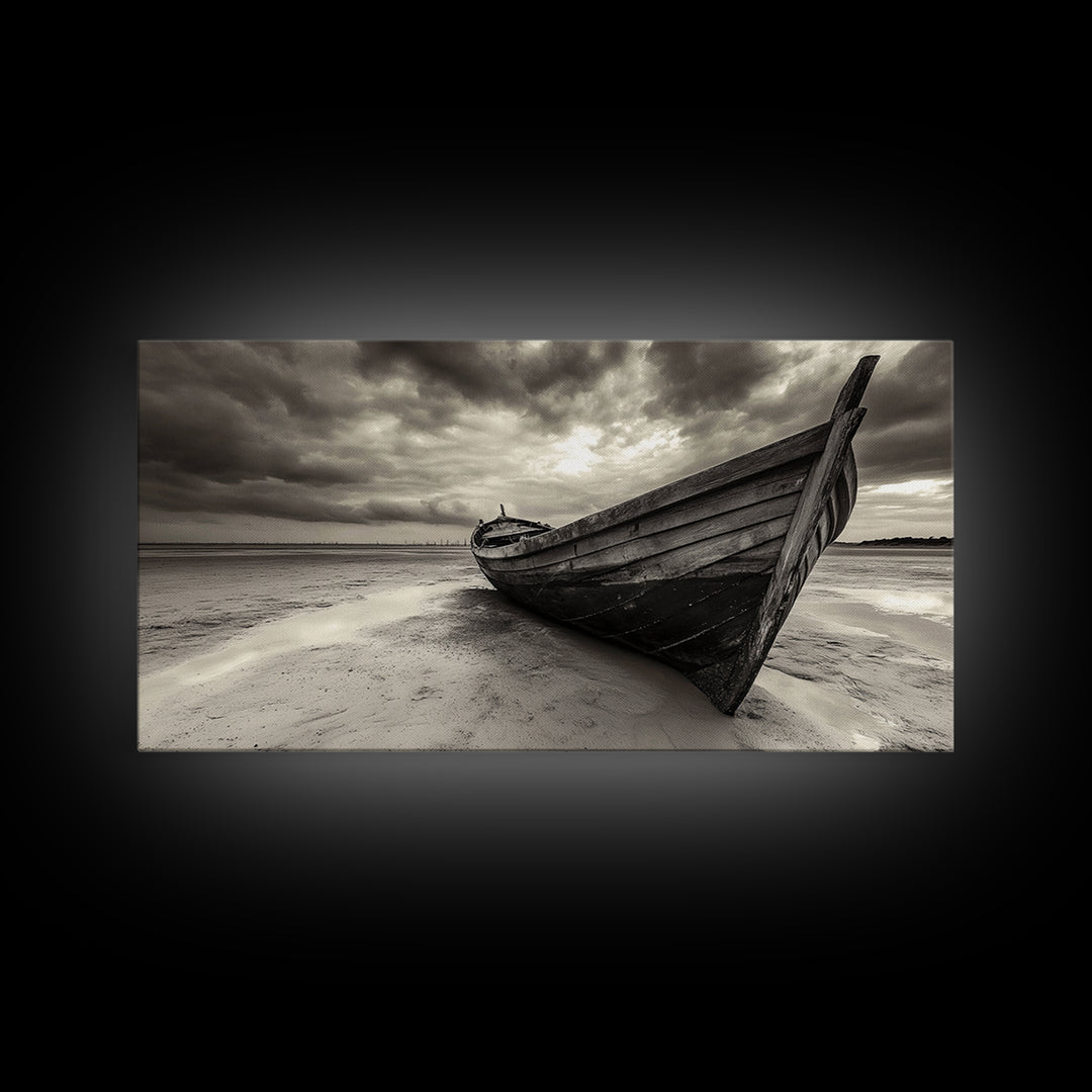 Abandoned Boat, Nautical Wall Art, Coastal Decor, Seascape Painting, Rustic Wall Art, Dramatic Sky, Framed Canvas Print, Panoramic Art