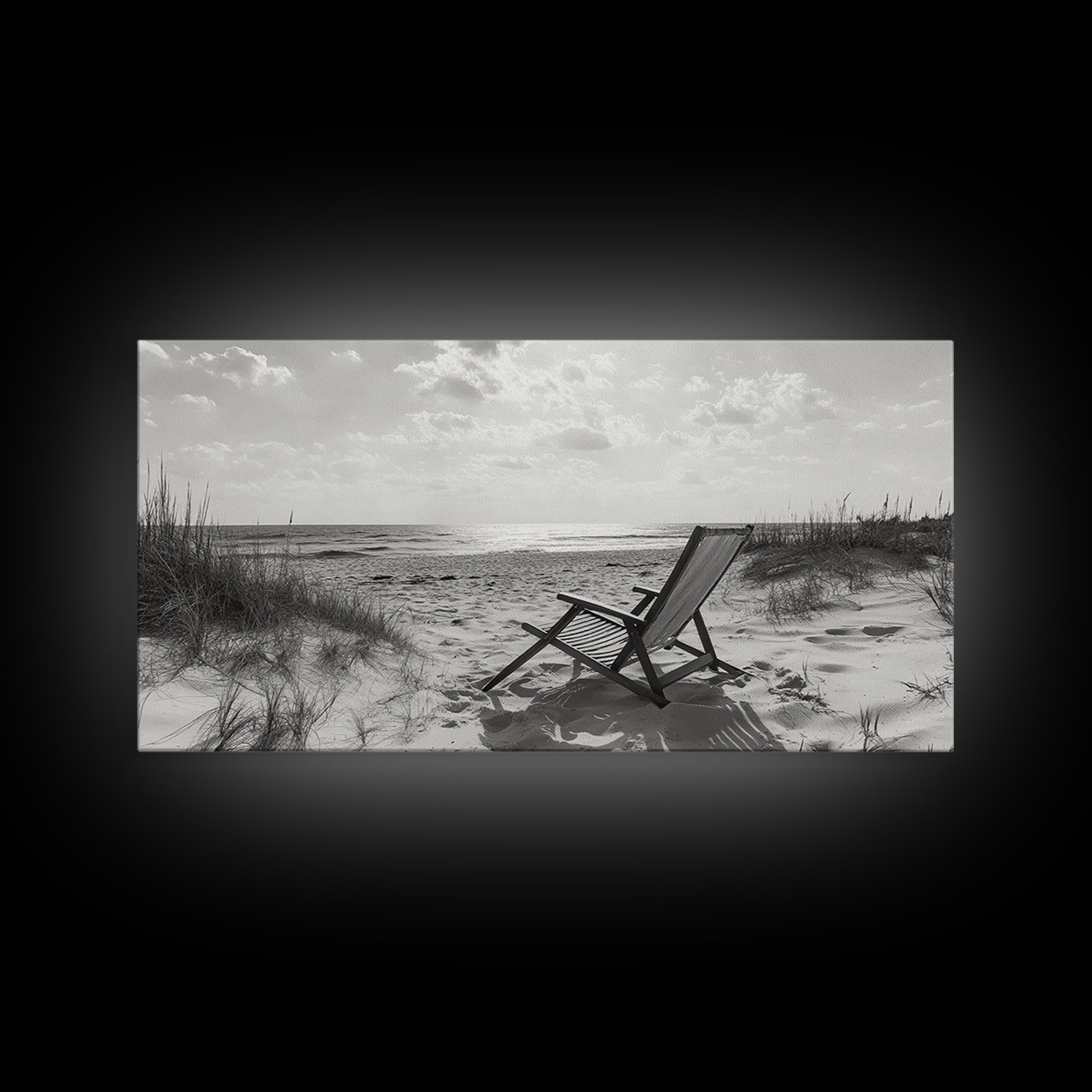 Beach Chair, Coastal Landscape Art, Minimalist Art, Wabi Sabi Art, Ocean View Print, Relaxing Decor, Framed Canvas Print, Nautical Wall Art