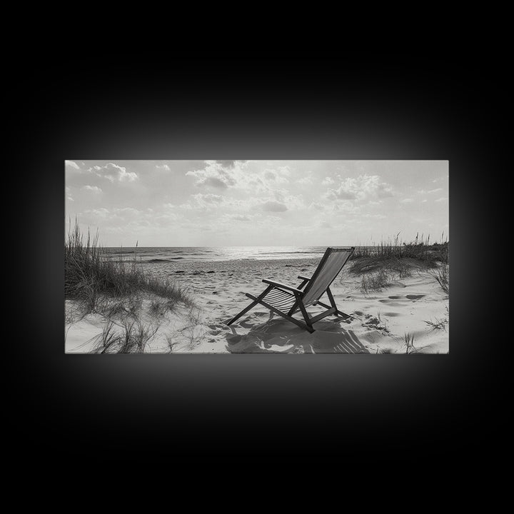 Beach Chair, Coastal Landscape Art, Minimalist Art, Wabi Sabi Art, Ocean View Print, Relaxing Decor, Framed Canvas Print, Nautical Wall Art