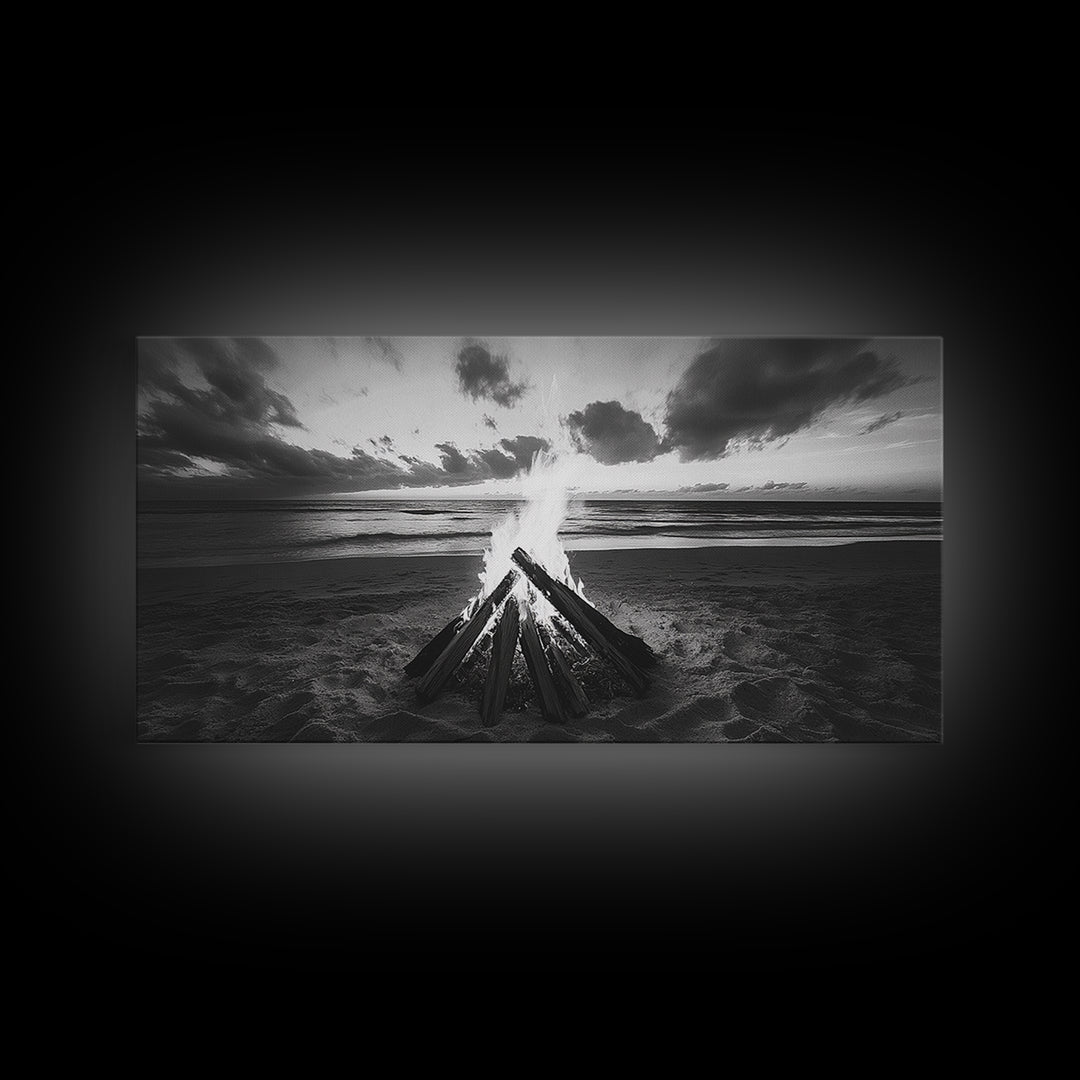 Bonfire On Beach, Coastal Wall Art, Moody Art, Extra Wide Art, Sunset Wall Art, Panoramic Art, Rustic Wall Art, Framed Canvas Print