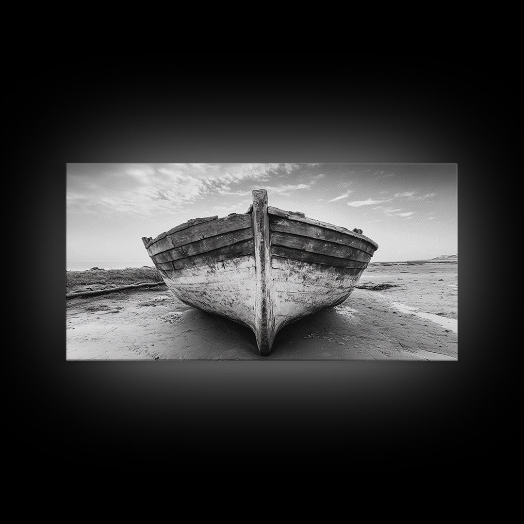 Beached Boat, Nautical Wall Art, Rustic Decor, Coastal Landscape Art, Extra Wide Art, Panoramic Painting, Canvas Print
