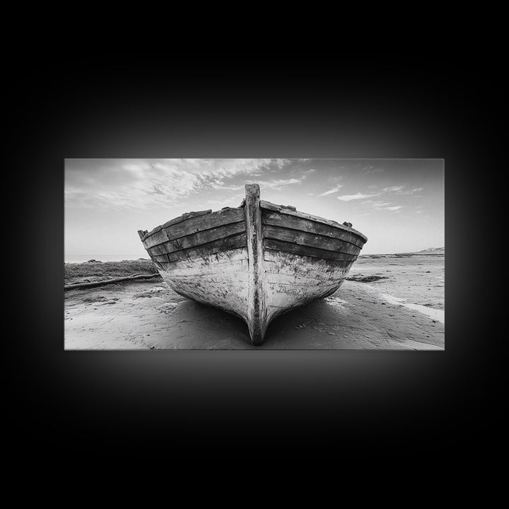 Beached Boat, Nautical Wall Art, Rustic Decor, Coastal Landscape Art, Extra Wide Art, Panoramic Painting, Canvas Print