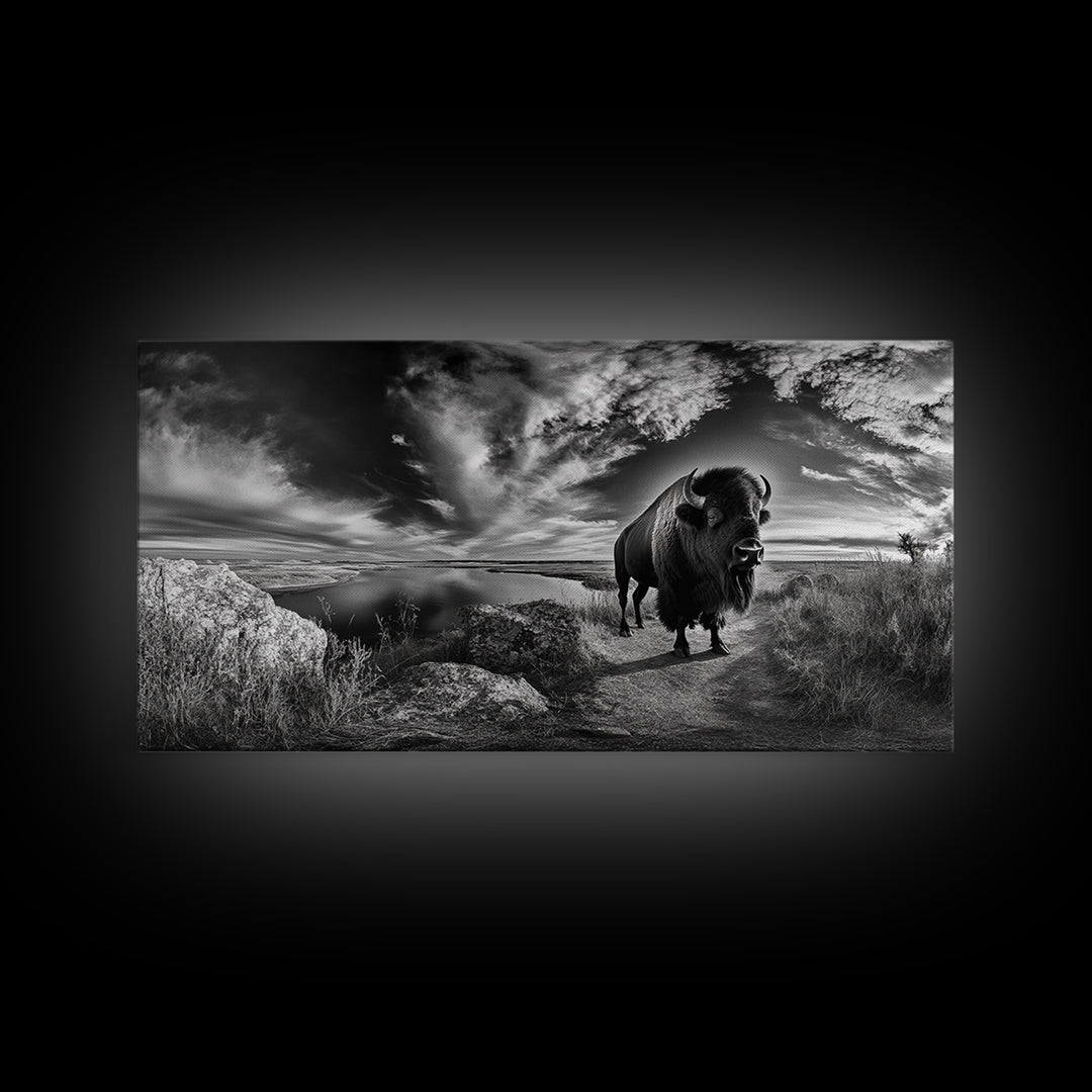 Bison Landscape, Southwest Wall Art, Rustic Wall Art, Moody Art, Panoramic Art, Extra Wide Art, Nature Wall Art, Framed Canvas Print