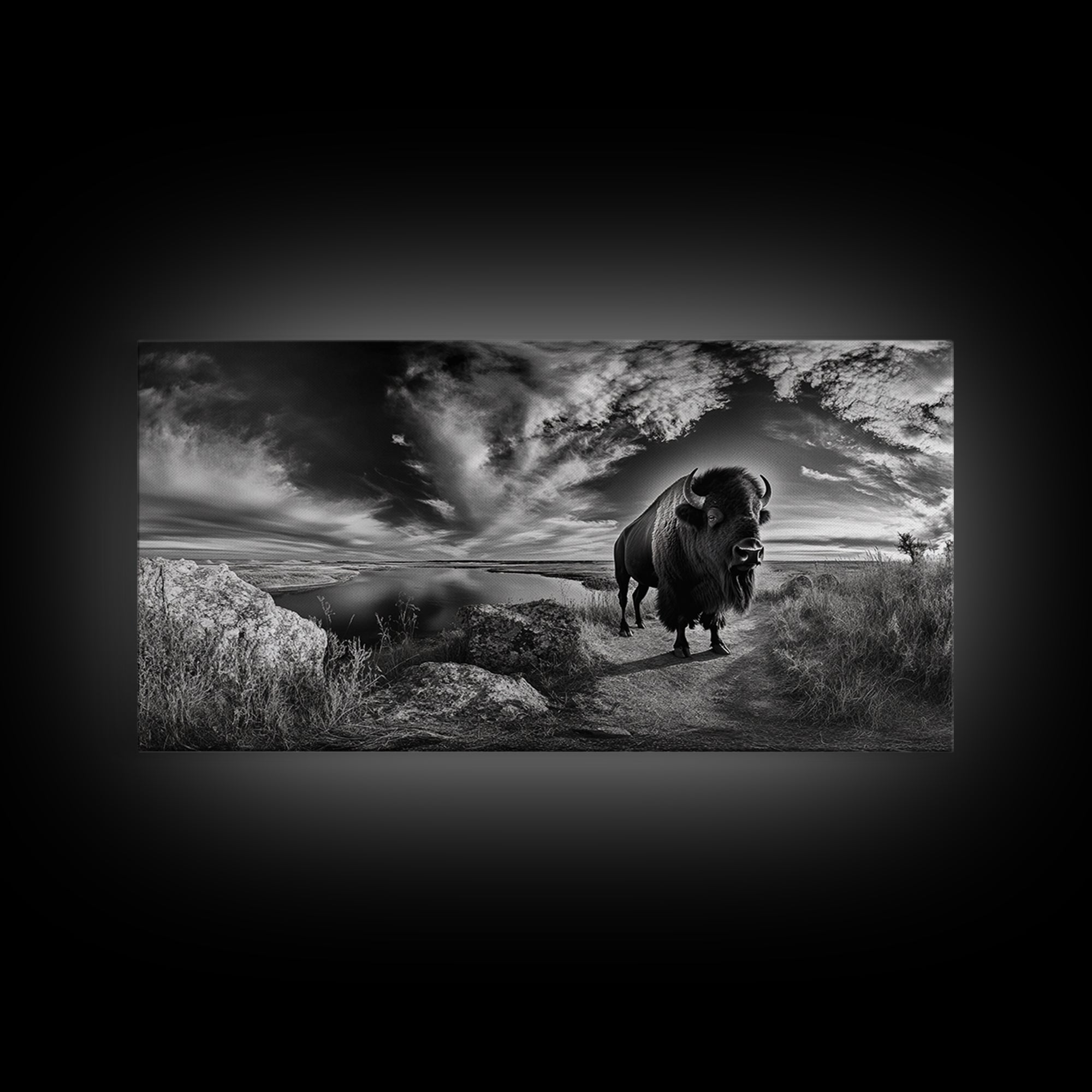 Bison Landscape, Southwest Wall Art, Rustic Wall Art, Moody Art, Panoramic Art, Extra Wide Art, Nature Wall Art, Framed Canvas Print