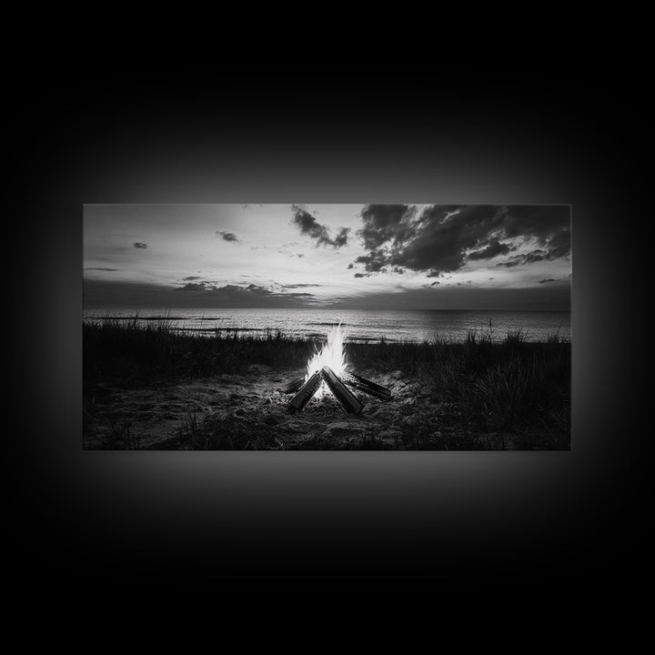 Beach Bonfire, coastal decor, nautical wall art, seascape painting, moody art, rustic wall art, dark romance painting, Canvas Print