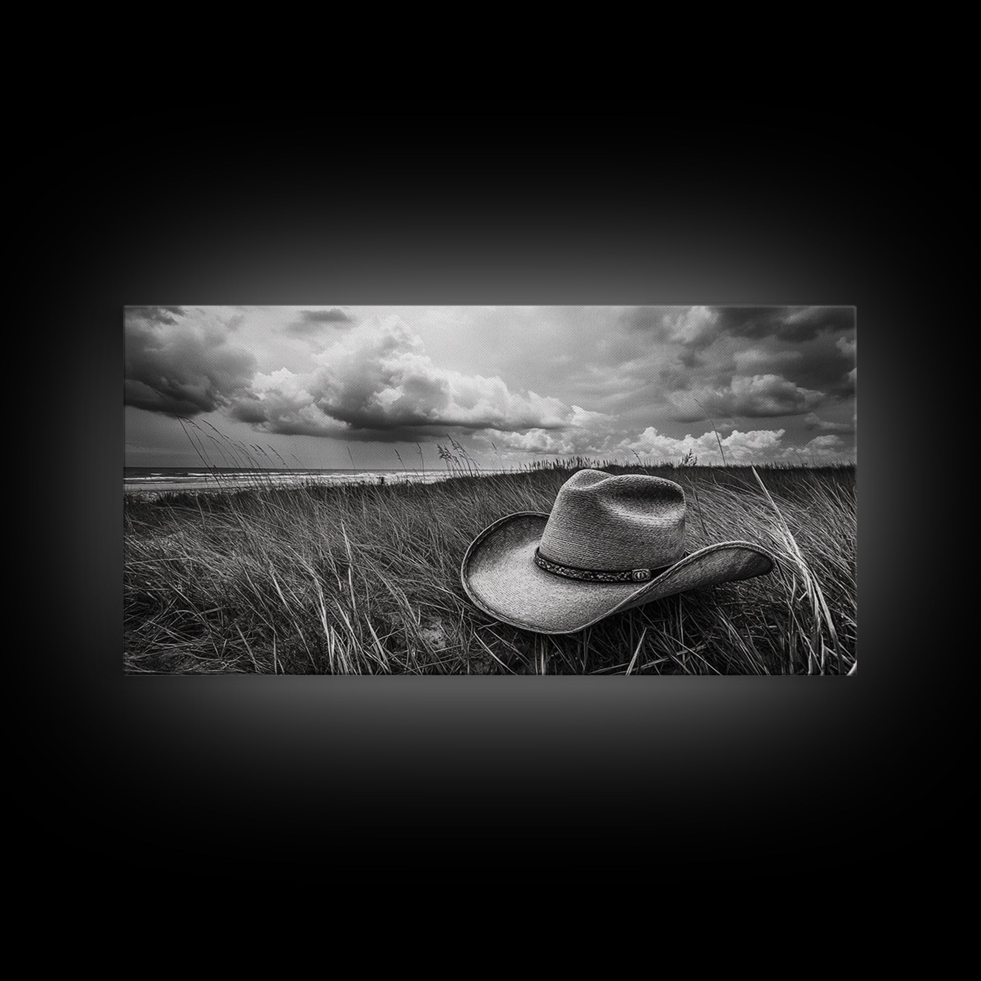 Cowboy Hat, rustic decor, wabi sabi art, western painting, southwest wall art, boho art, moody photography, Framed Canvas Print