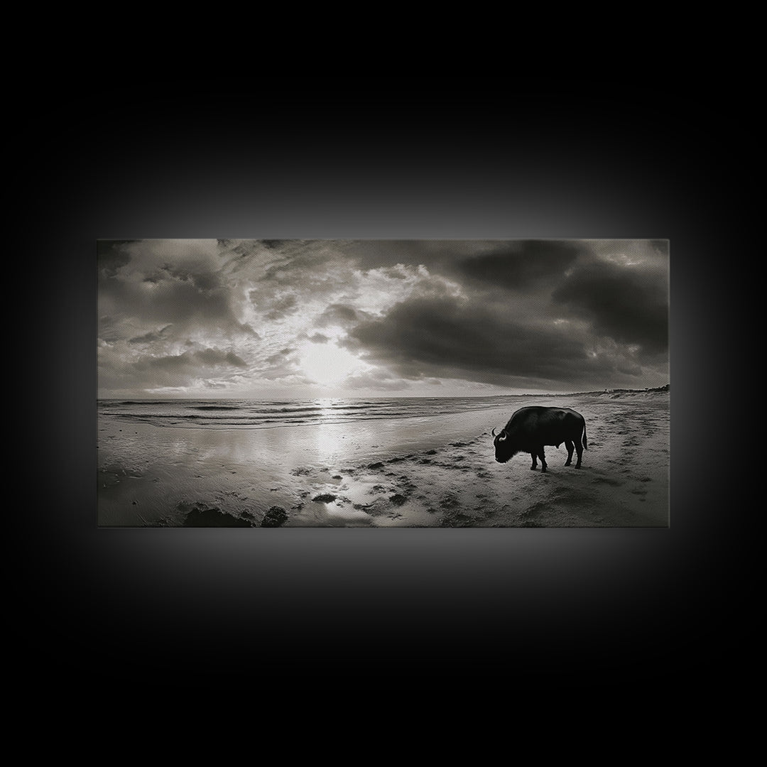Buffalo, seascape painting, coastal landscape art, rustic decor, farmhouse art, panoramic painting, extra wide art, framed canvas print