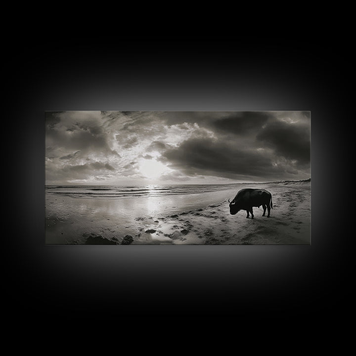 Buffalo, seascape painting, coastal landscape art, rustic decor, farmhouse art, panoramic painting, extra wide art, framed canvas print