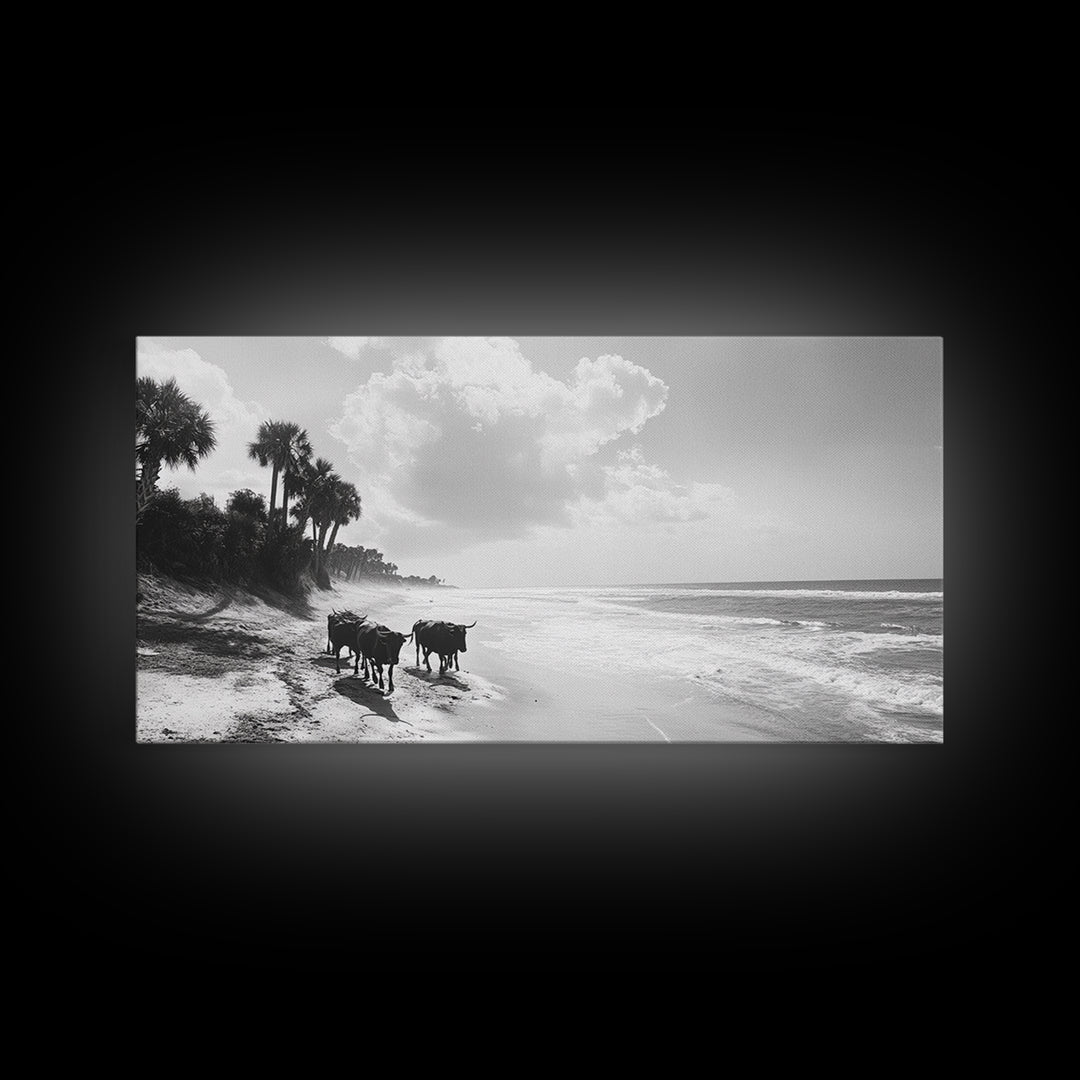 Cattle on beach, coastal cowgirl wall art, rustic decor, farmhouse art, landscape painting, panoramic painting, extra wide art, framed canvas print