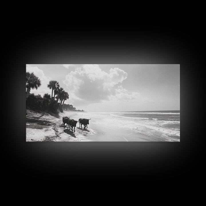 Cattle on beach, coastal cowgirl wall art, rustic decor, farmhouse art, landscape painting, panoramic painting, extra wide art, framed canvas print