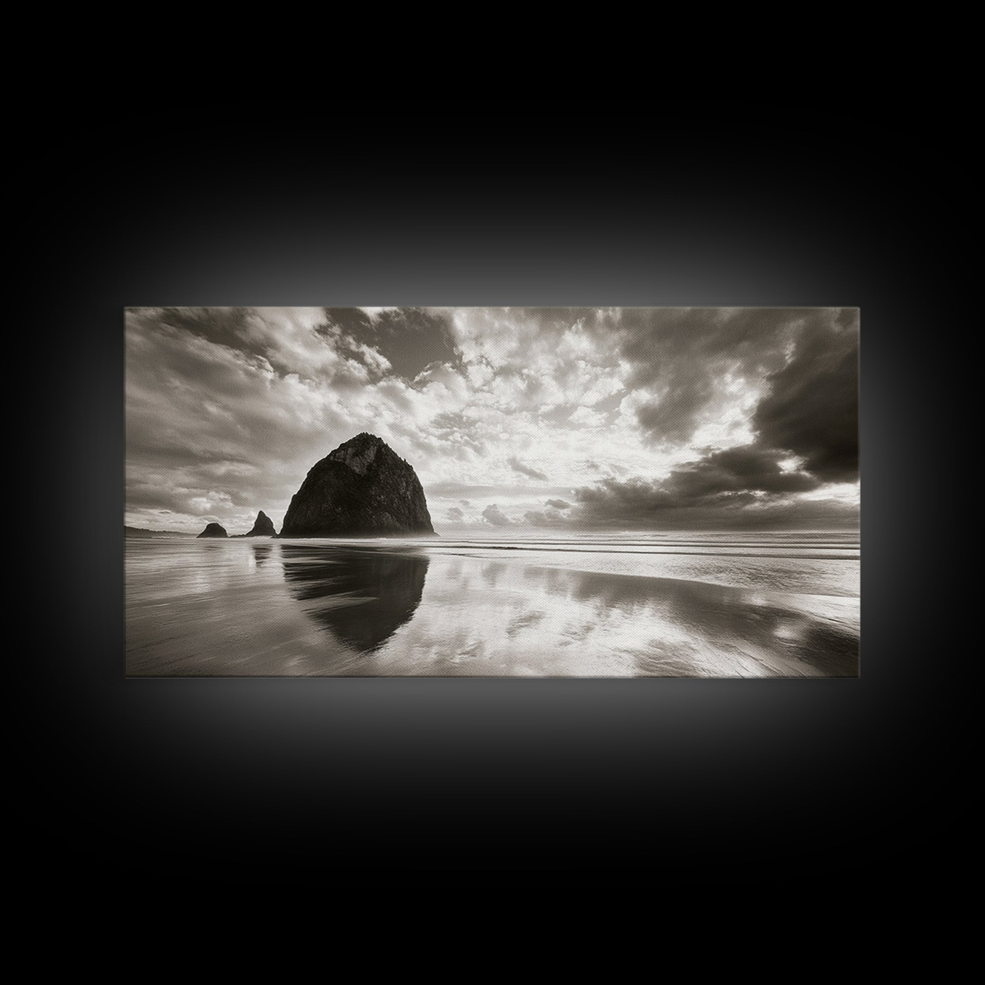 Coastal, seascape, moody art, ocean view, nautical wall art, panoramic painting, extra wide art, above bed wall art, framed canvas print