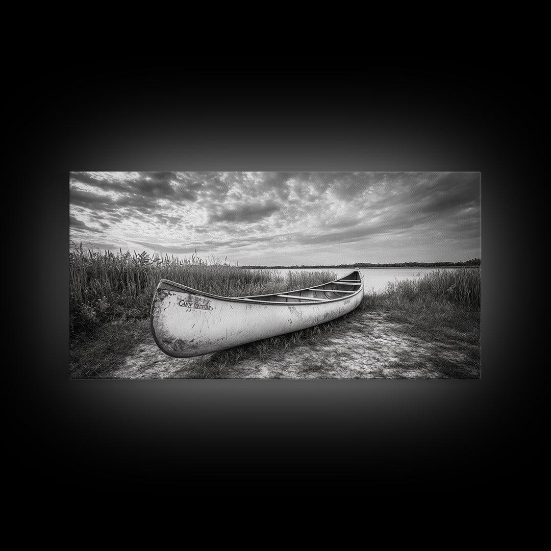 Canoe, lake, coastal cowgirl wall art, rustic decor, farmhouse art, panoramic art, horizontal wall art, extra wide art, framed canvas print