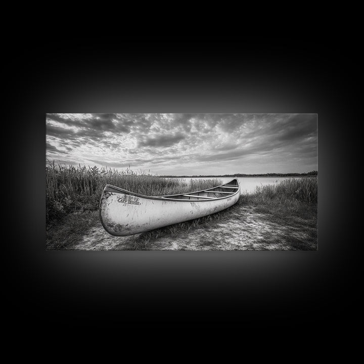 Canoe, lake, coastal cowgirl wall art, rustic decor, farmhouse art, panoramic art, horizontal wall art, extra wide art, framed canvas print