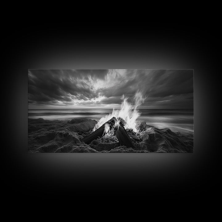 Beach bonfire, moody art, seascape painting, coastal decor, extra wide art, panoramic painting, above bed wall art, framed canvas print