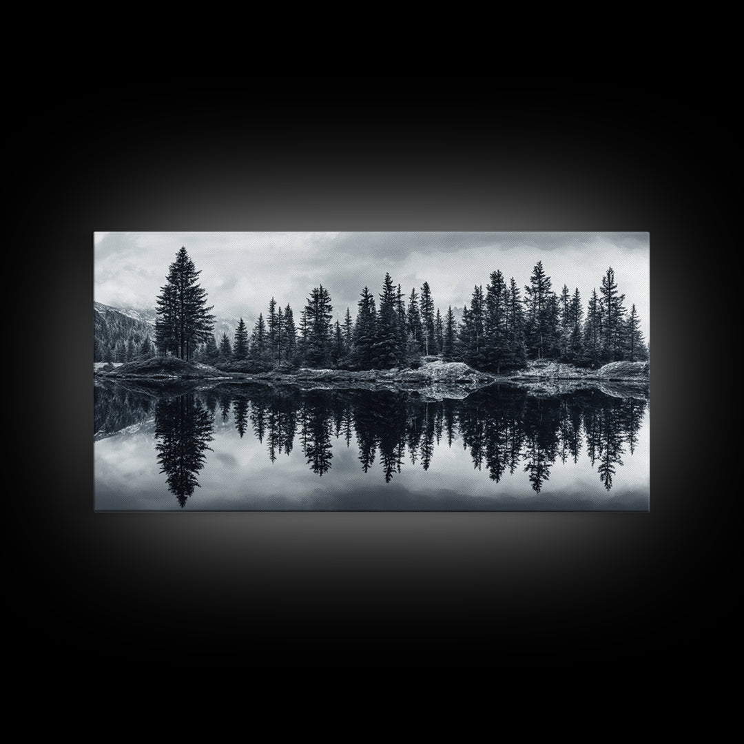 Pine tree reflection, moody art, mountain painting, pine tree art, rustic decor, panoramic art, extra wide art, framed canvas print
