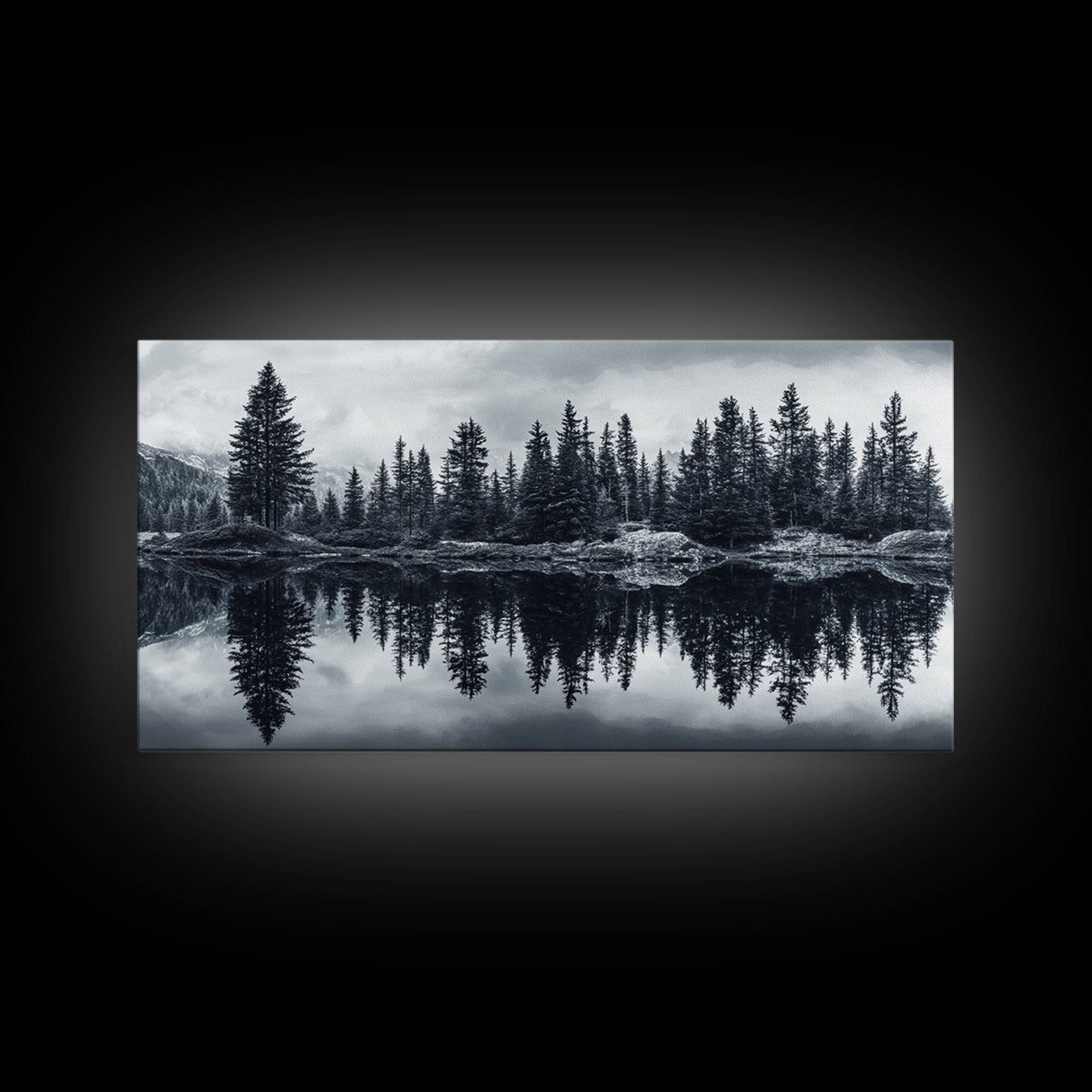 Pine tree reflection, moody art, mountain painting, pine tree art, rustic decor, panoramic art, extra wide art, framed canvas print
