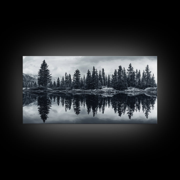Pine tree reflection, moody art, mountain painting, pine tree art, rustic decor, panoramic art, extra wide art, framed canvas print