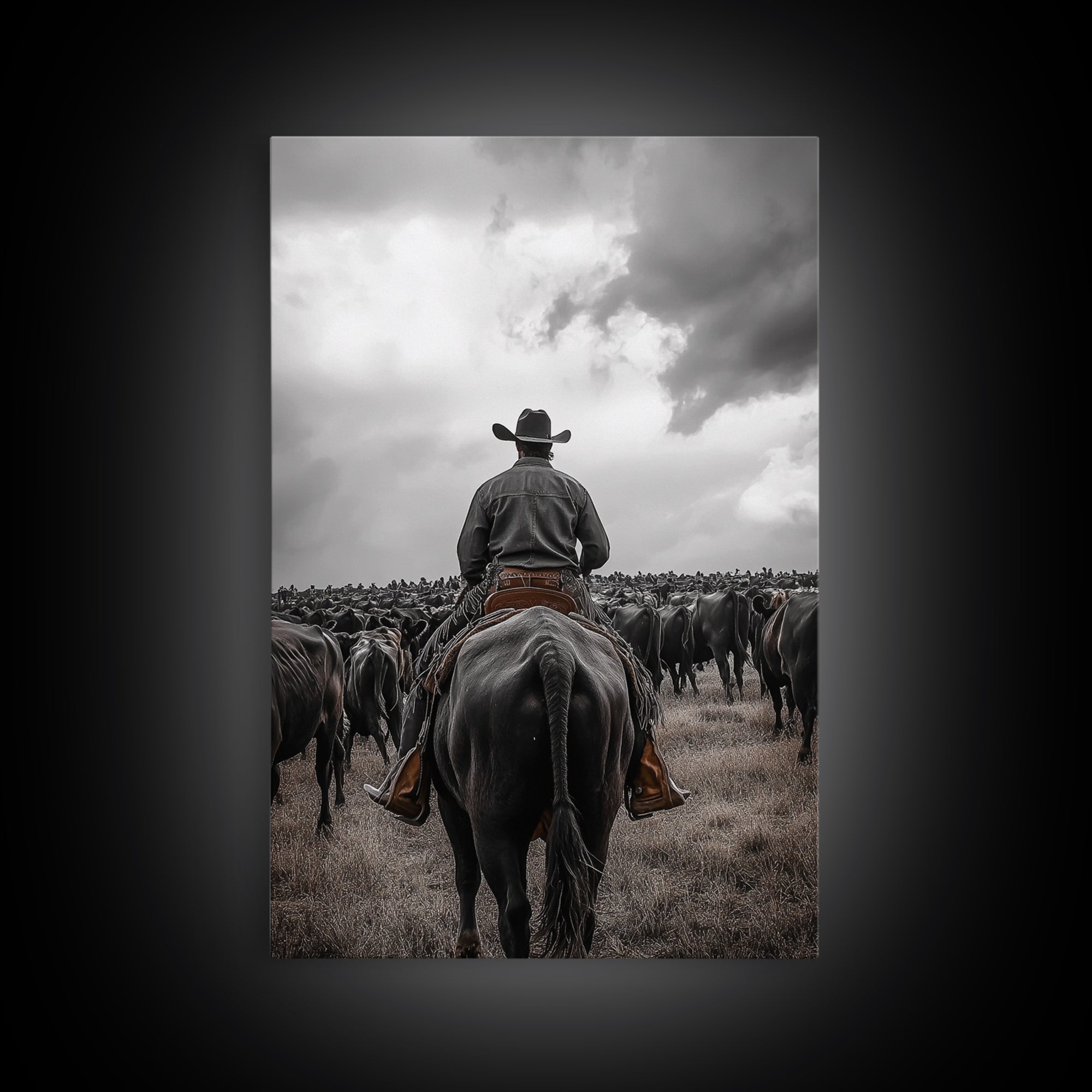 Cowboy, western art, cattle drive, ranch wall decor, framed canvas print, rustic farmhouse art, moody cowboy, country life painting