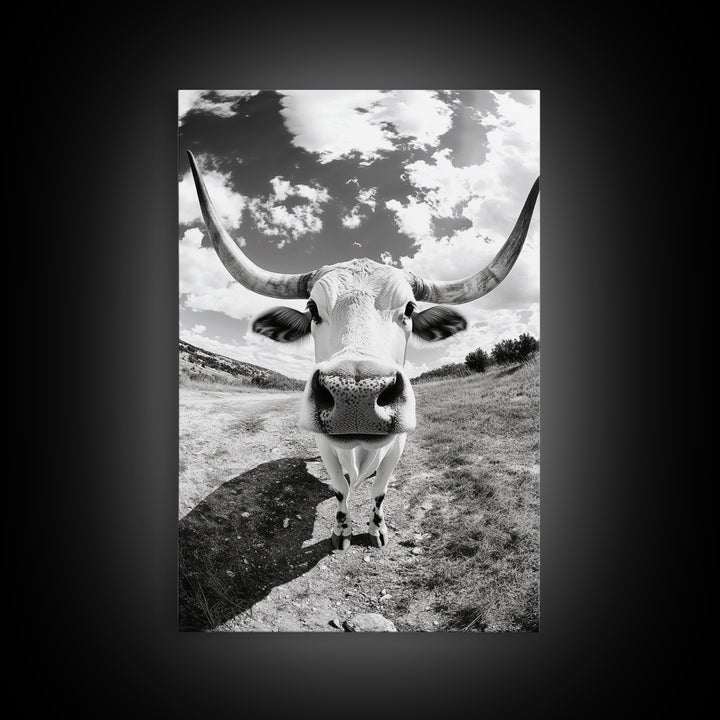 Texas Longhorn Close-up, bull and bear art, western decor, farmhouse art, rustic wall art, cowboy painting, framed canvas print