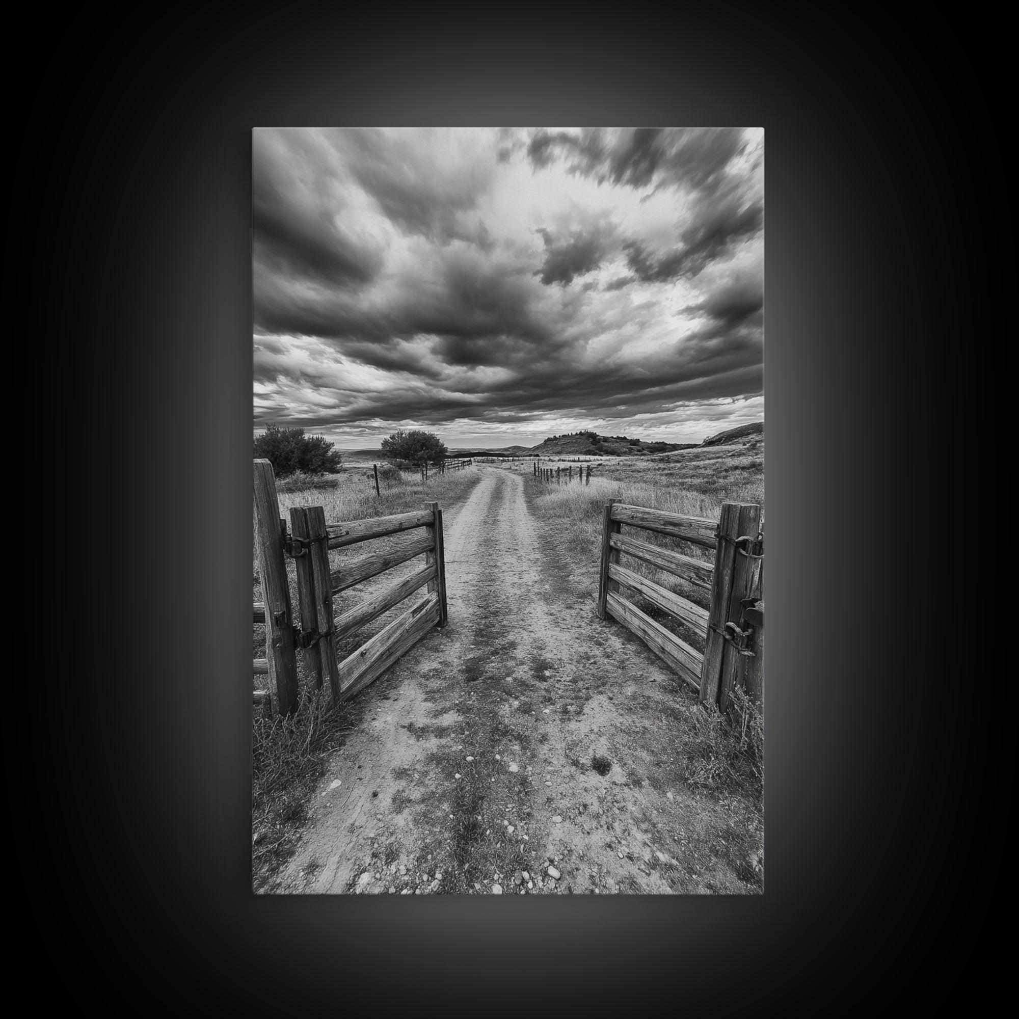 Open Ranch Gate, southwest wall art, moody art, western home decor, rustic art, farmhouse painting, framed canvas print, cowboy aesthetic