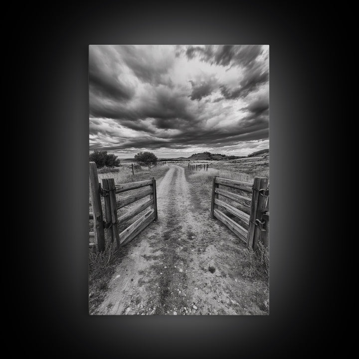 Open Ranch Gate, southwest wall art, moody art, western home decor, rustic art, farmhouse painting, framed canvas print, cowboy aesthetic
