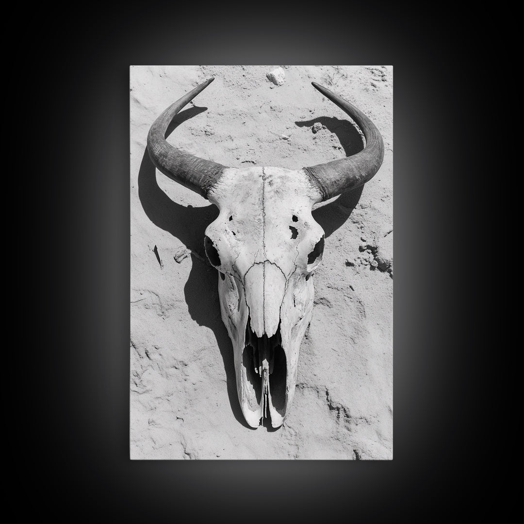 Bull skull, desert aesthetic, cowboy art, rustic decor, black and white photography, boho art, framed canvas print, western wall art