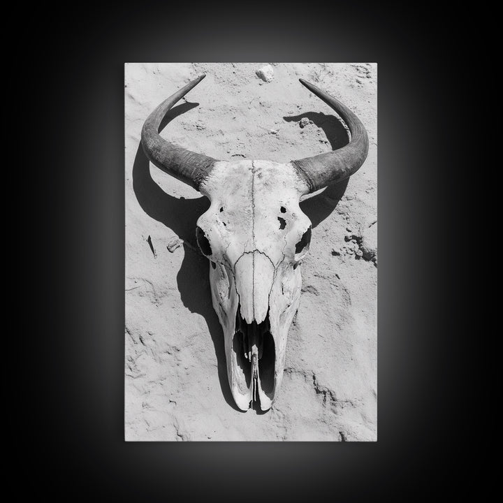 Bull skull, desert aesthetic, cowboy art, rustic decor, black and white photography, boho art, framed canvas print, western wall art