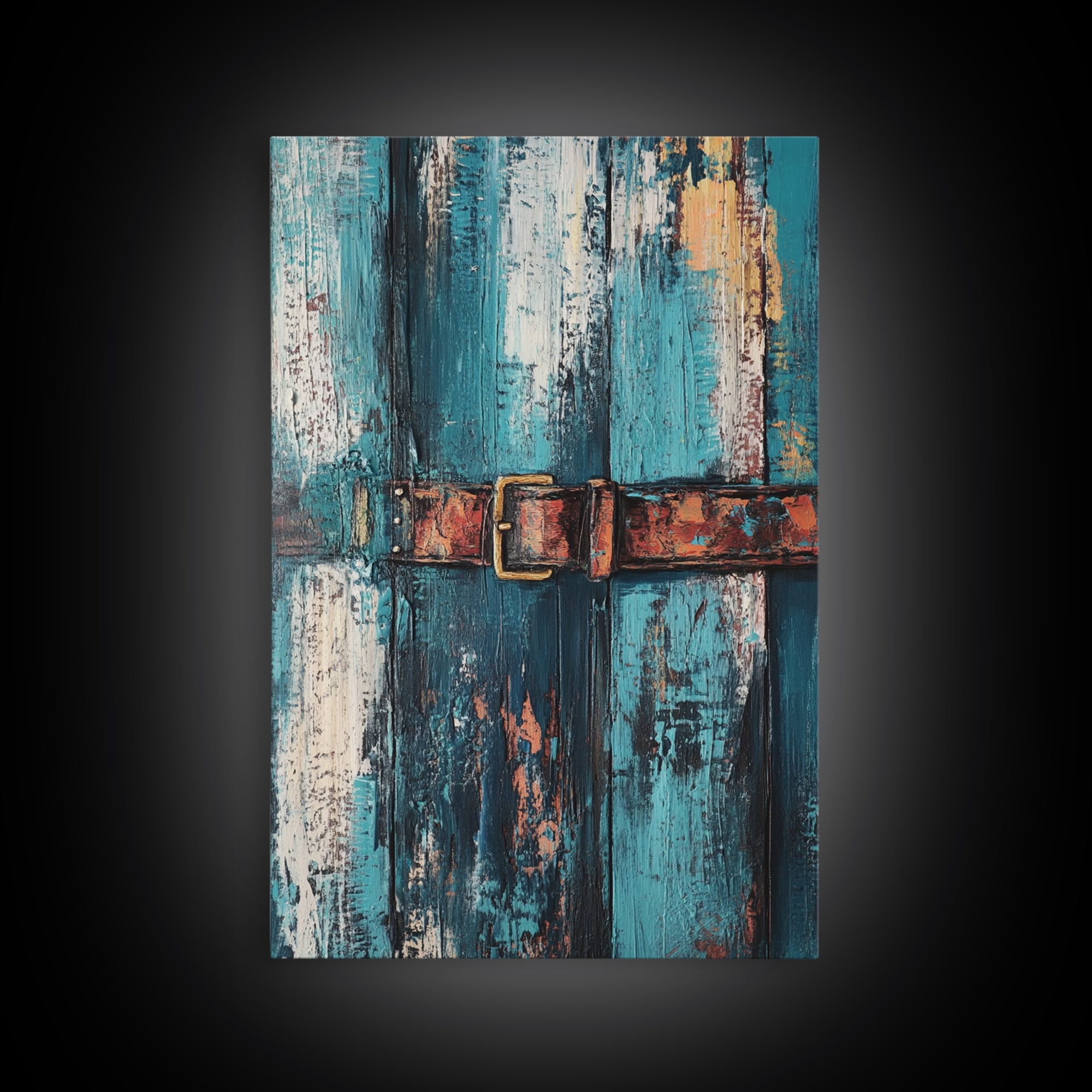 Rustic blue door, worn leather belt, southwest wall art, farmhouse art, textured painting, wabi sabi art, framed canvas print, rustic decor