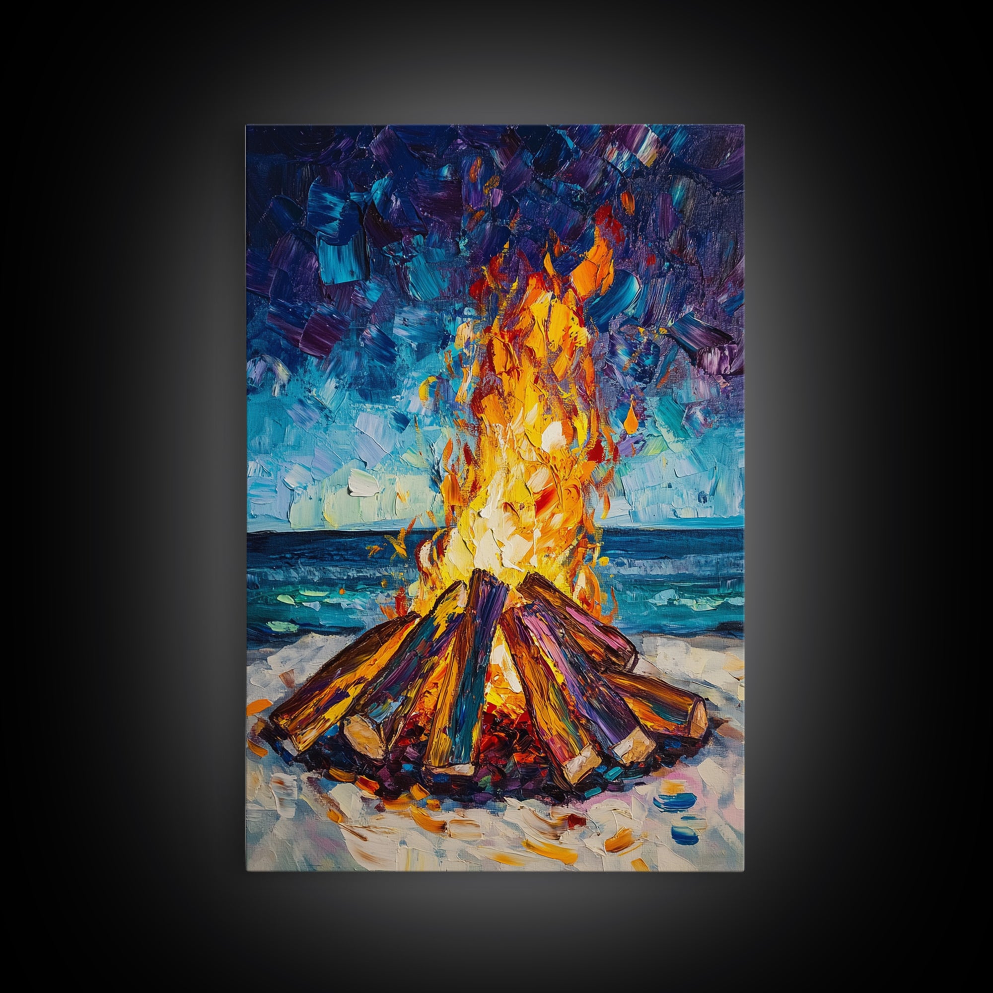 Beach Bonfire, coastal painting, moody art, seascape painting, coastal decor, nautical painting, original painting, framed canvas print