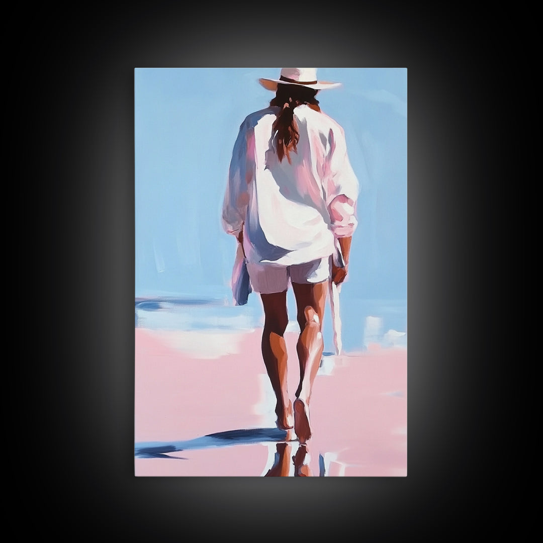 Beach Walk, coastal cowgirl wall art, boho art, pink orange wall art, light pink wall art, coastal decor, framed canvas print
