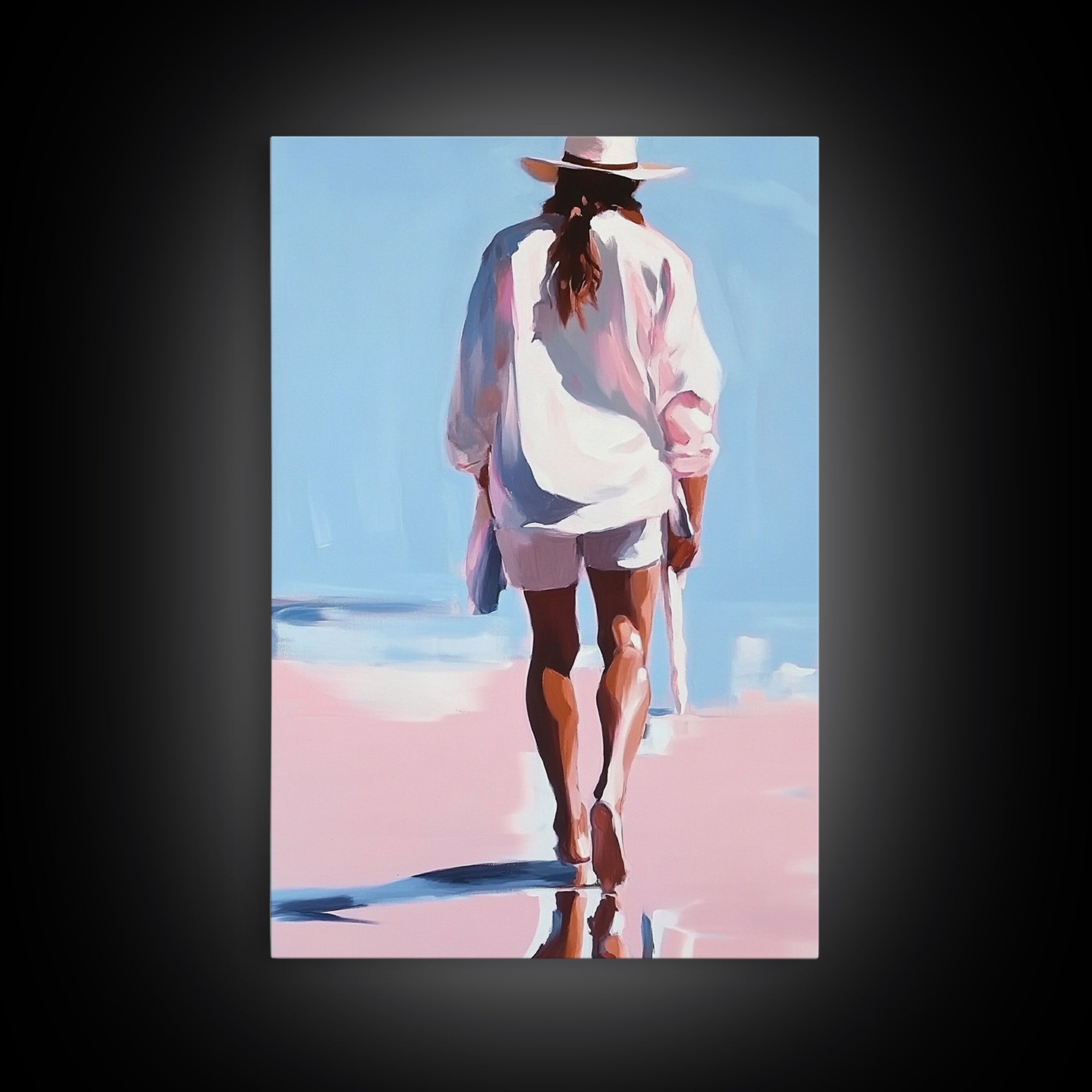 Beach Walk, coastal cowgirl wall art, boho art, pink orange wall art, light pink wall art, coastal decor, framed canvas print