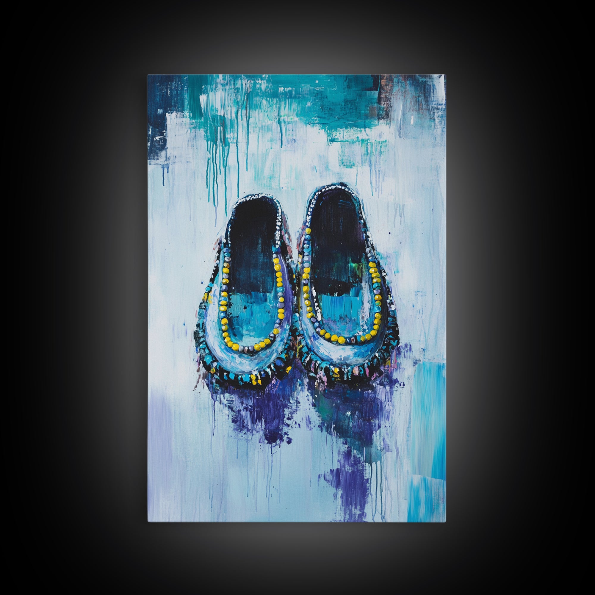 Blue Moccasins, boho art, whimsical art, teal wall art, folk art, rustic art, gift idea for her, original painting, canvas print