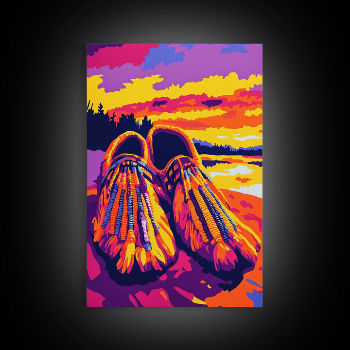 Beaded Moccasins Art, Southwest Wall Art, Pink Orange Wall Art, Boho Western Art, Framed Canvas Print, Rustic Home Decor