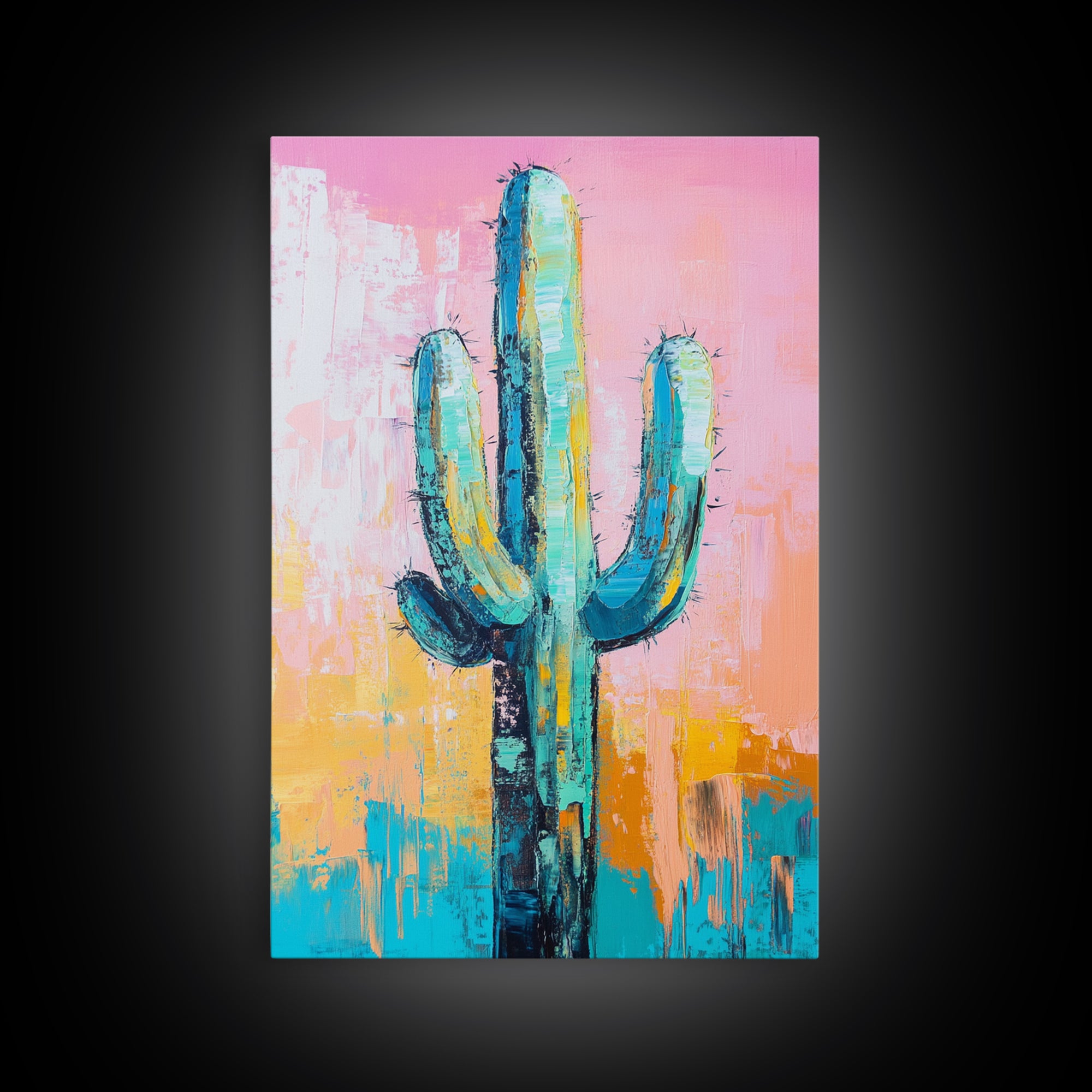 Abstract Cactus Painting, Boho Desert Art, Pink Green Wall Art, Southwest Wall Decor, Framed Canvas Print, Bold Colorful Art