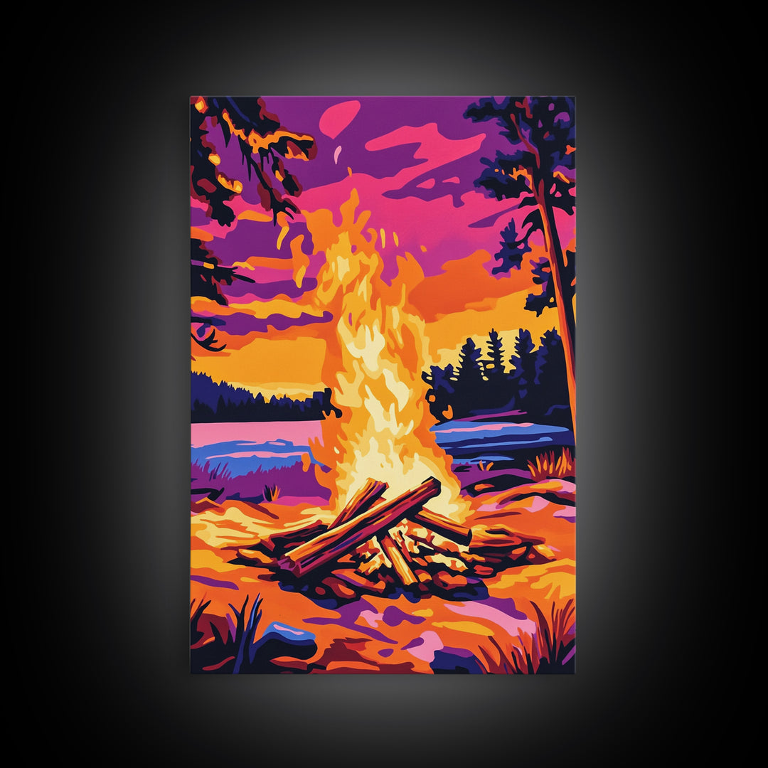 Campfire Scene, Autumn Wall Art, Rustic Decor, Canvas Print, Landscape Painting, Cozy Art, Outdoor Adventure, Gift Idea, Boho Art