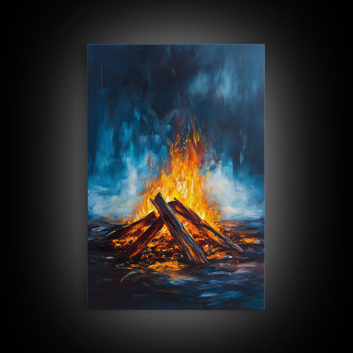 Bonfire Night, Moody Art, Rustic Decor, Canvas Print, Fire Art, Dark Romance Painting, Fall Wall Art, Cozy Living Room Art, Gift Idea