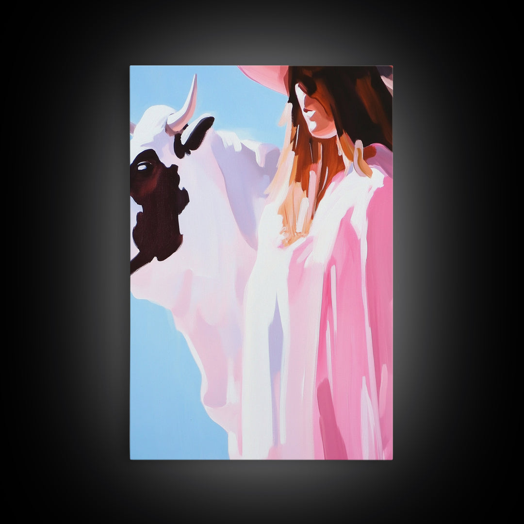 Cowgirl and Cow, black cowgirl painting, coastal cowgirl wall art, western decor, gift idea for her, boho art, light pink wall art, Canvas Print