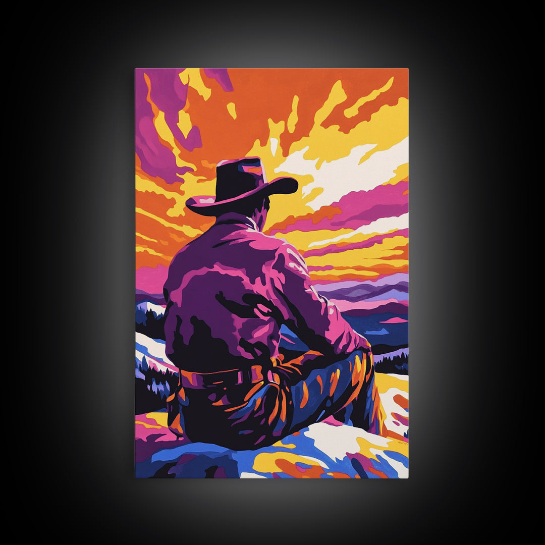 Cowboy at Sunset, western decor, southwest wall art, pink orange wall art, gift idea for him, moody art, panoramic art, Canvas Print