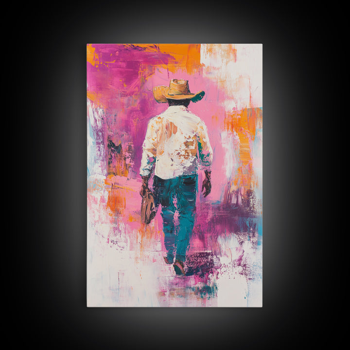 Cowboy Walking, chicano art, western aesthetic, rustic wall art, farmhouse art, moody art, bold colors, Framed Canvas Print