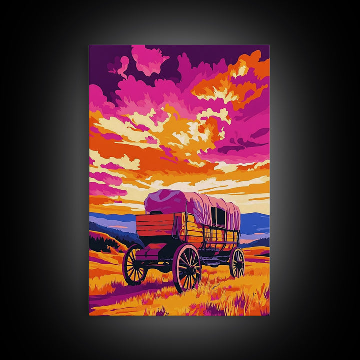 Covered Wagon, Sunset Painting, Western Landscape, Rustic Art, Canvas Print, Southwest Wall Art, Farmhouse Art, Living Room Art