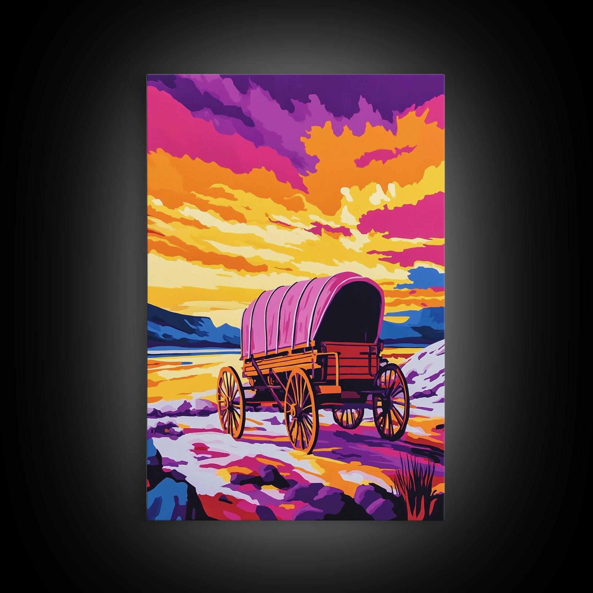Colorful Wagon, pink orange wall art, landscape painting, southwest wall art, farmhouse art, boho art, framed canvas print, above bed art