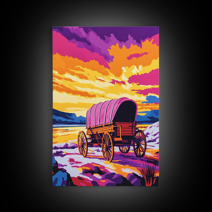 Colorful Wagon, pink orange wall art, landscape painting, southwest wall art, farmhouse art, boho art, framed canvas print, above bed art