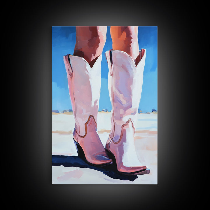 Cowgirl Boots, coastal cowgirl wall art, pink abstract art, rustic art, fashion painting, boho art, framed canvas print, gift idea