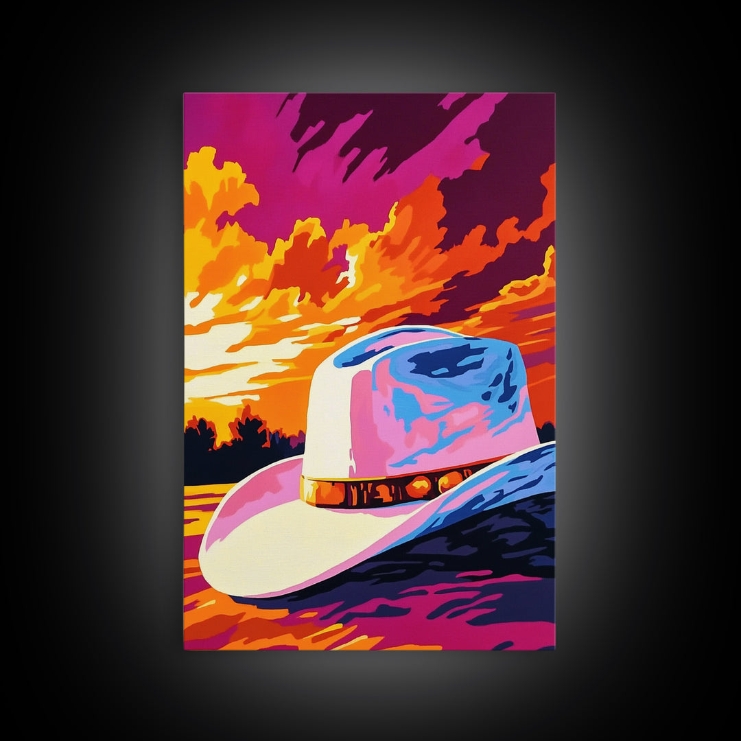 Cowboy Hat, Sunset Art, Rustic Wall Art, Pink Orange Wall Art, Canvas Print, Western Decor, Farmhouse Art, Above Couch Art