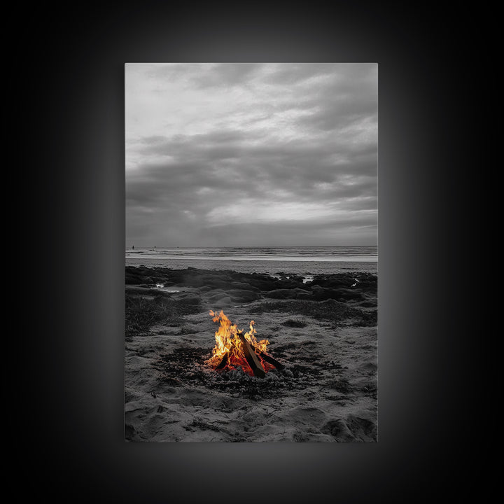 Beach bonfire, coastal art, ocean sunset, framed canvas print, nautical decor, seascape painting, cozy fire, moody beach art, fall vibes