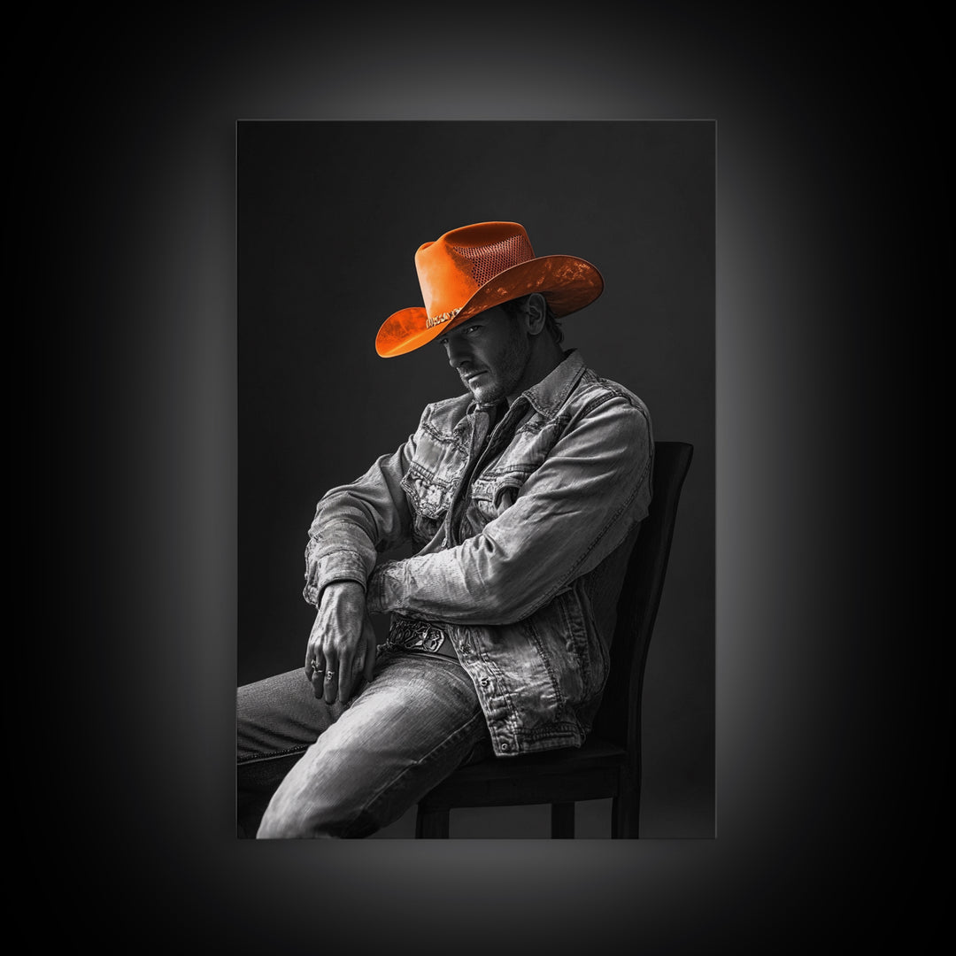 Cowboy portrait, rustic art, western style, framed canvas print, country decor, cowboy hat, moody photography, black and white wall art