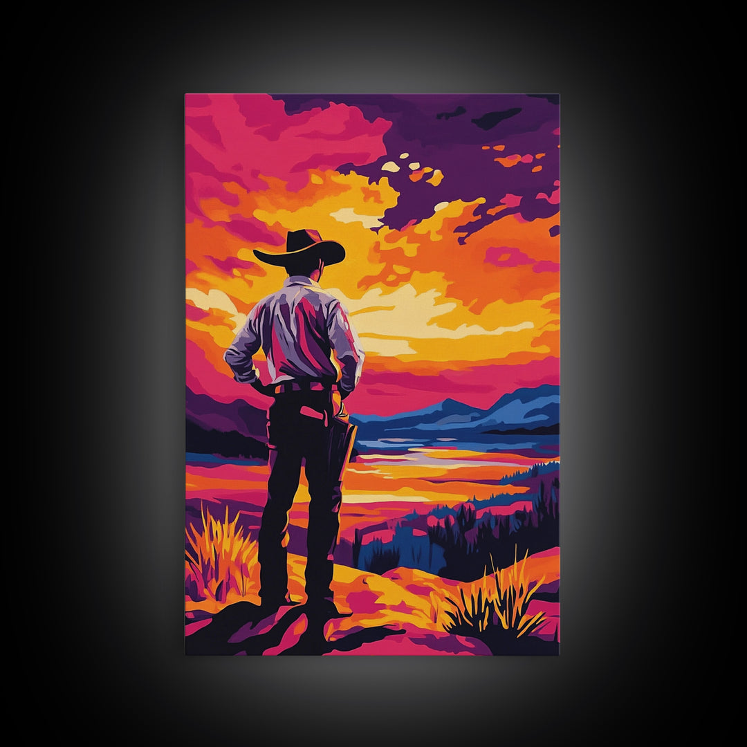 Cowboy at Sunset, pink orange wall art, Joshua tree art, southwest wall art, framed canvas print, landscape painting, moody art