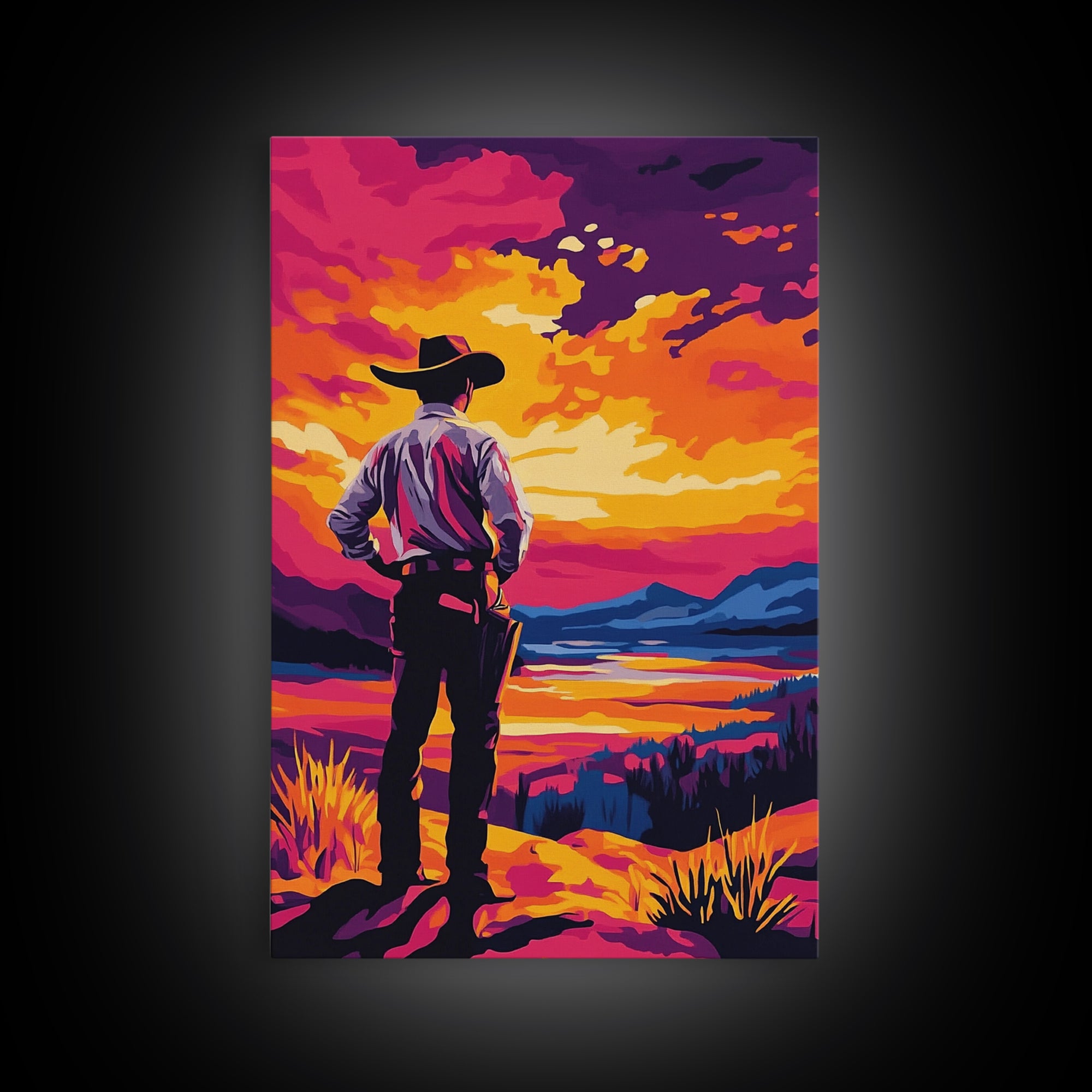 Cowboy at Sunset, pink orange wall art, Joshua tree art, southwest wall art, framed canvas print, landscape painting, moody art